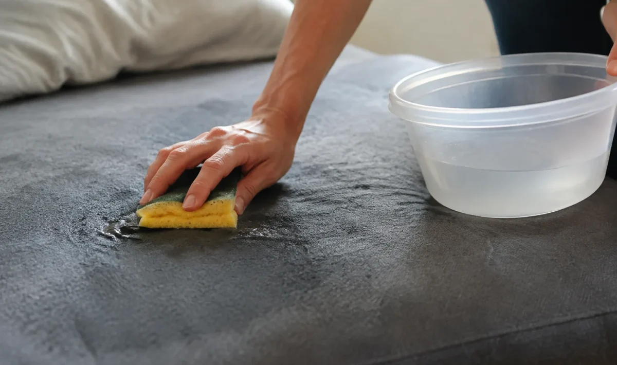 Mains frottant un couchage avec une eponge humide