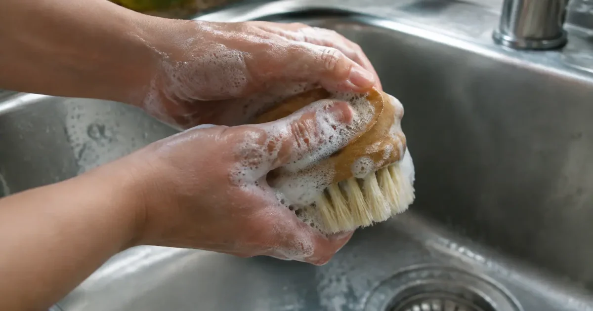 Mains savonnant une brosse ronde posee sur evier