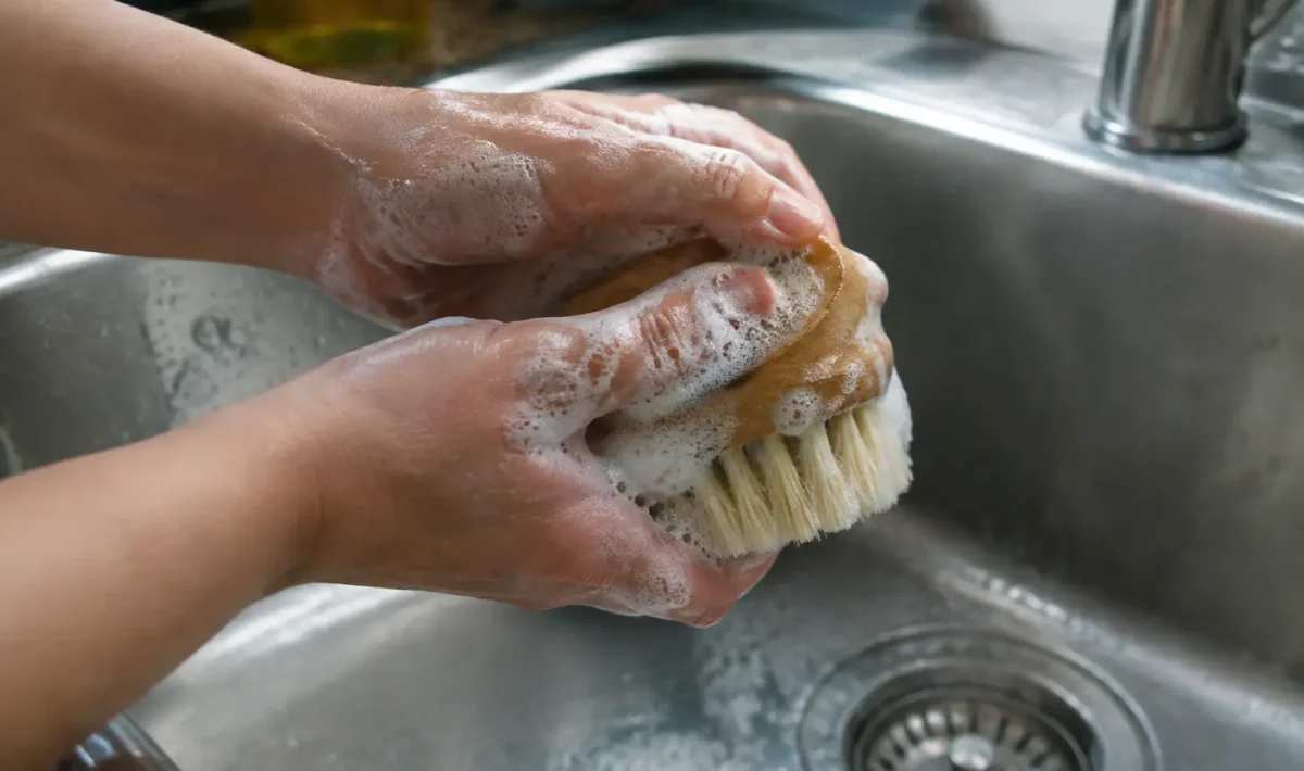 Mains savonnant une brosse ronde posee sur evier