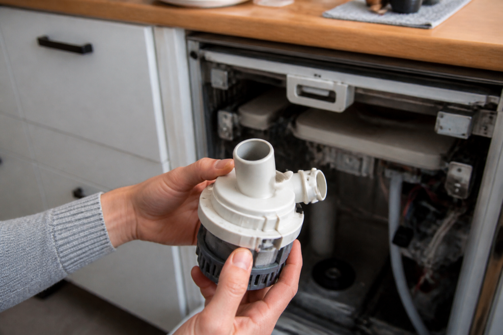 Mains tenant une pompe neuve devant un lave vaisselle