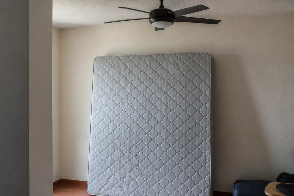 Matelas debout contre le mur sous un ventilateur