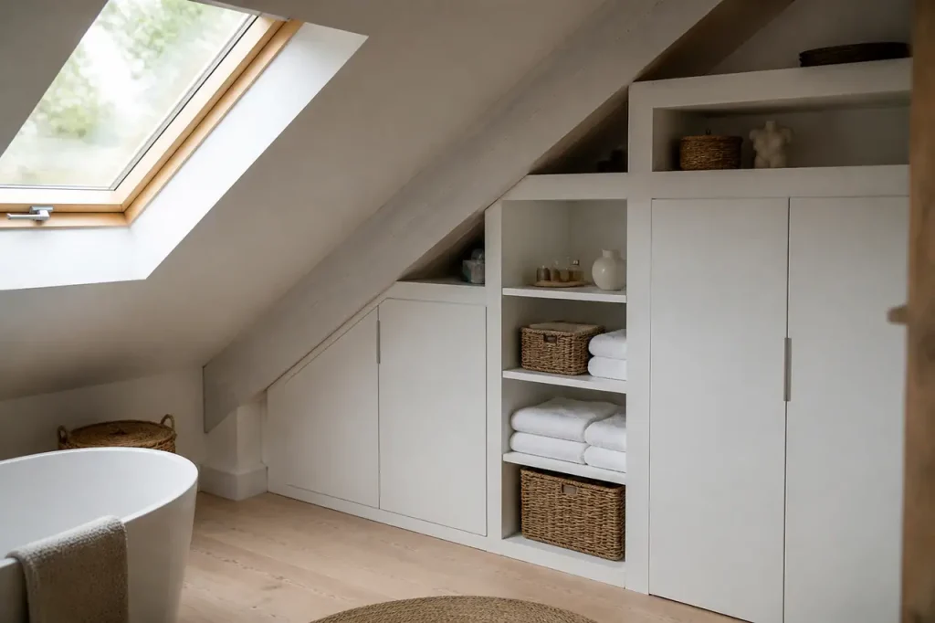 Meubles en bois blanc habillant un toit incline