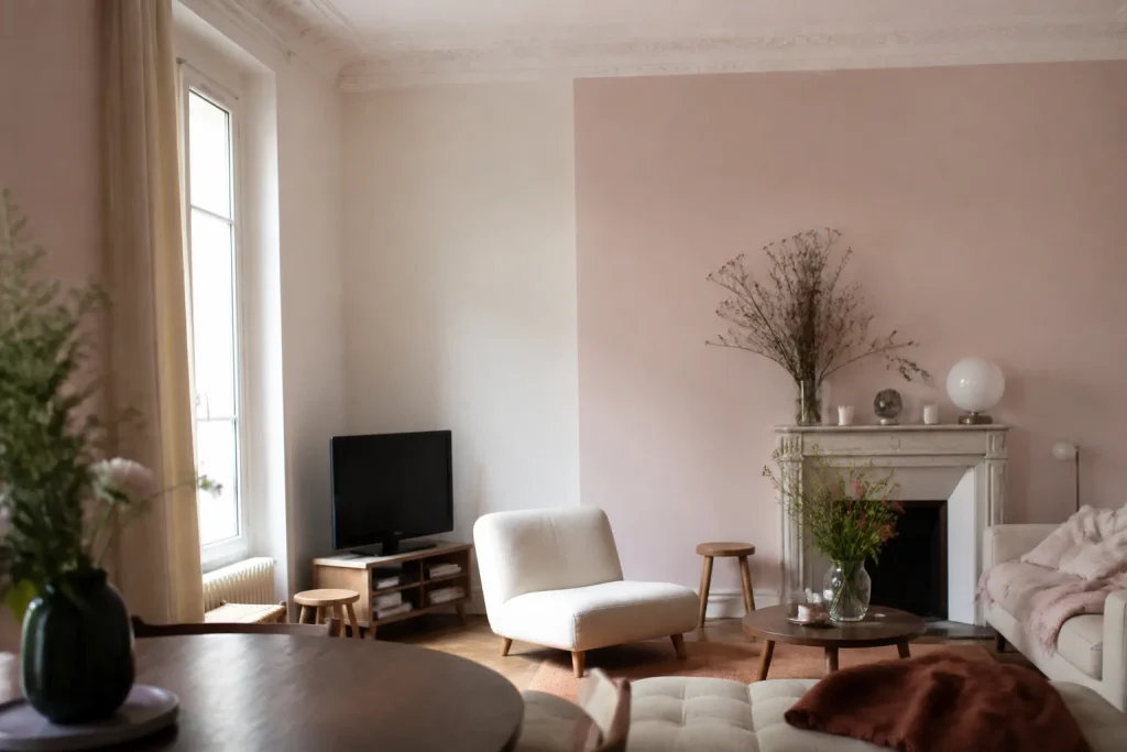 Mur rose pale et blanc casse dans salon lumineux