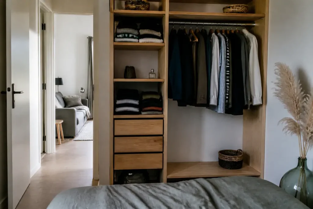 Petit dressing en bois avec étagères et penderie