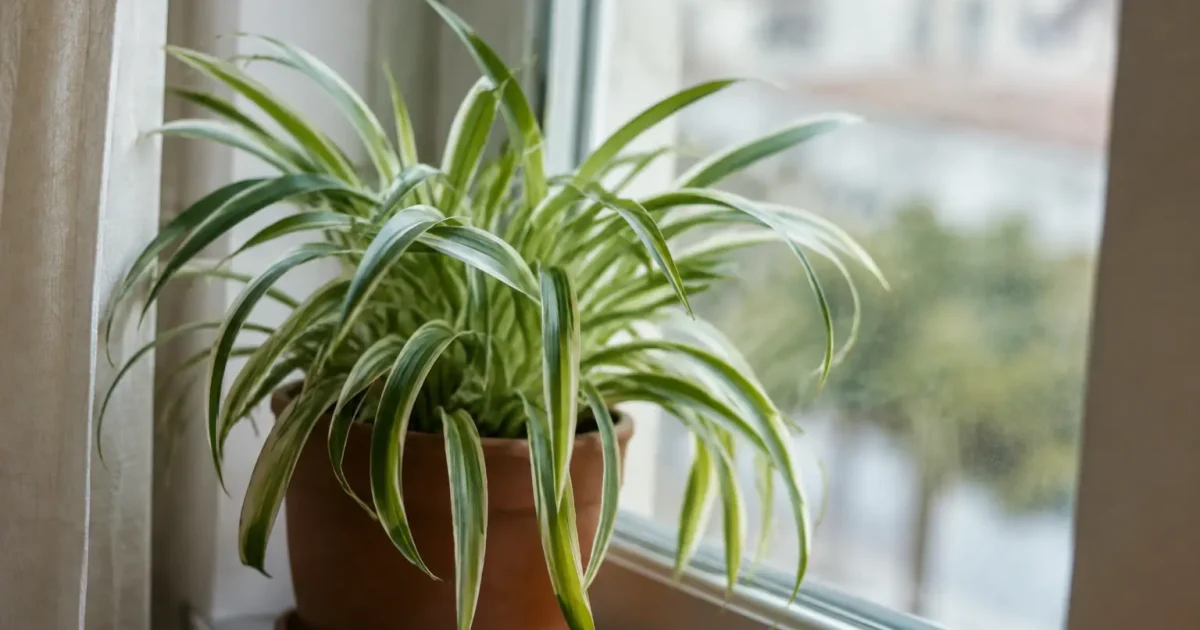 Plante aux feuilles rayees posee pres d'une fenetre