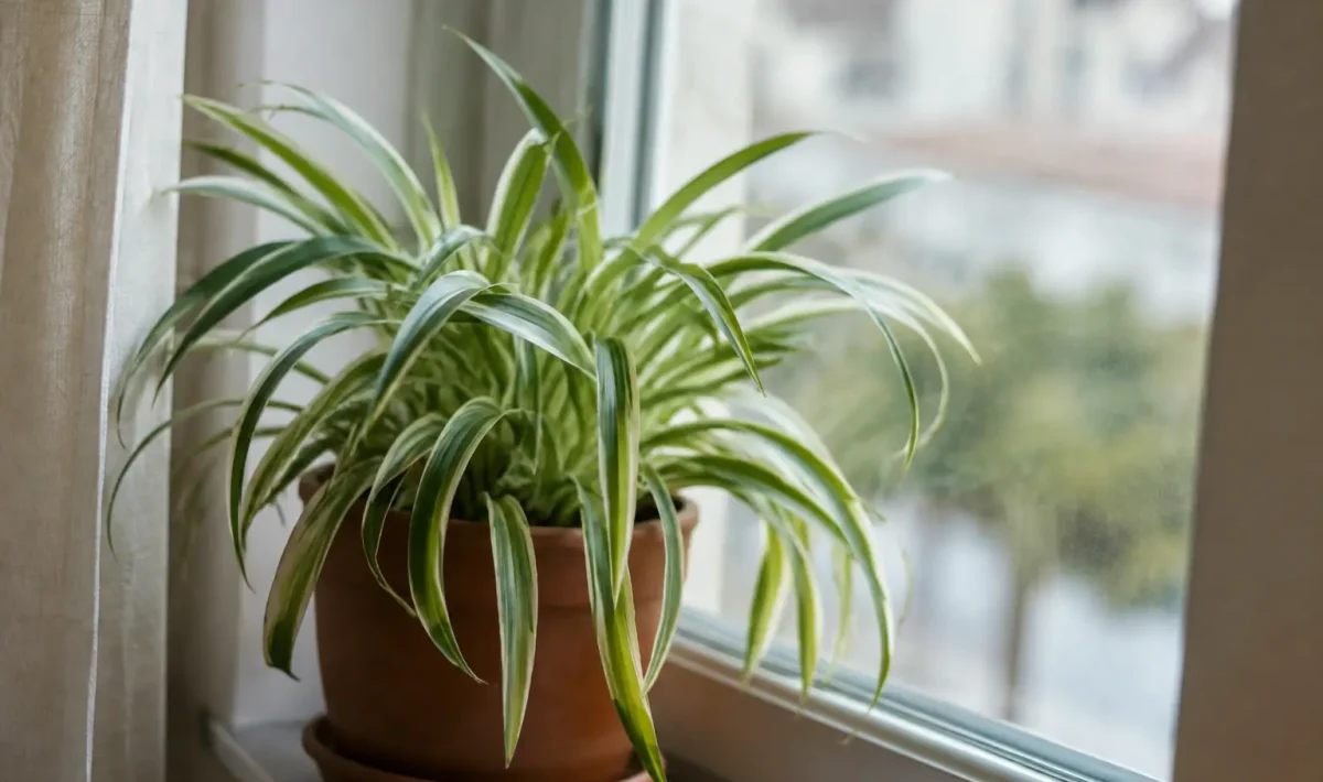 Plante aux feuilles rayees posee pres d'une fenetre