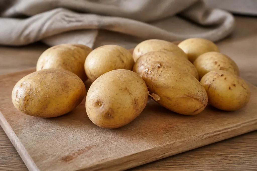 Pommes de terre entieres sur planche en bois