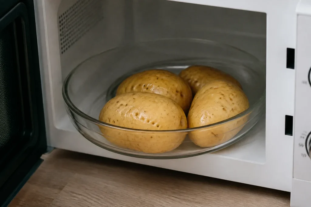 Pommes de terre piquees dans un plat micro-ondes