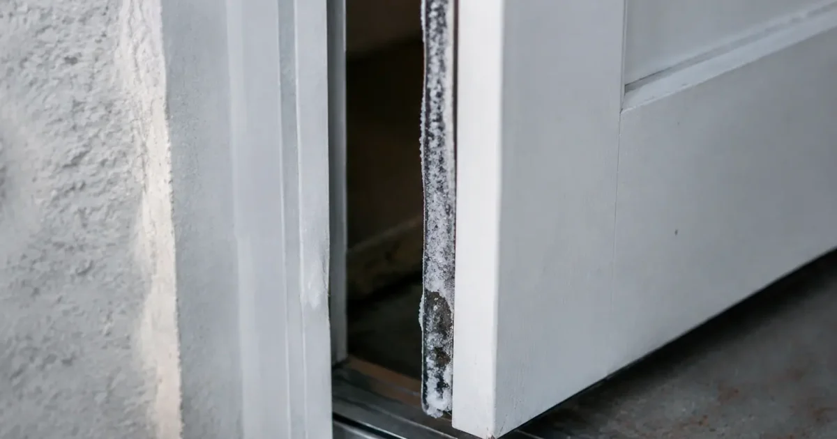 Porte blanche entrouverte avec givre sur joint