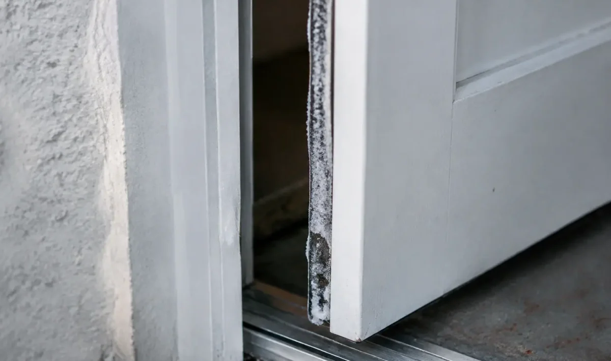 Porte blanche entrouverte avec givre sur joint
