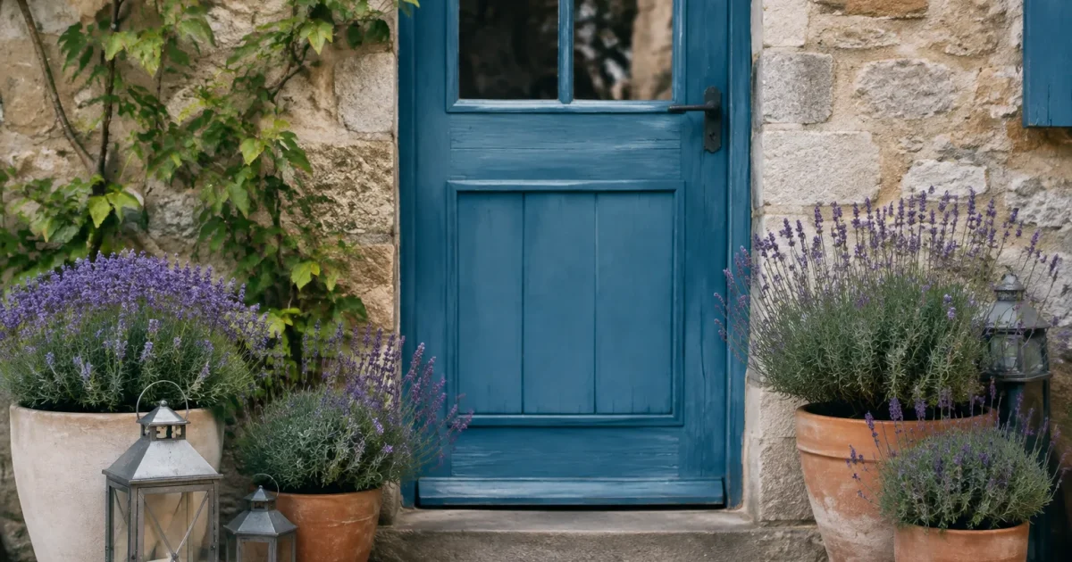 Porte bleue garnie de pots de lavande et lanternes