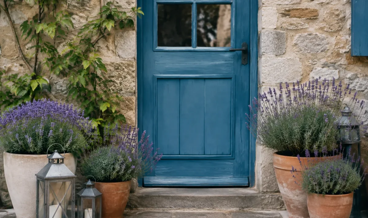 Porte bleue garnie de pots de lavande et lanternes