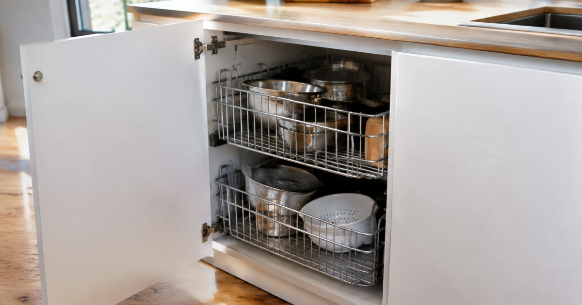 Porte ouverte sur paniers inox dans cuisine lumineuse