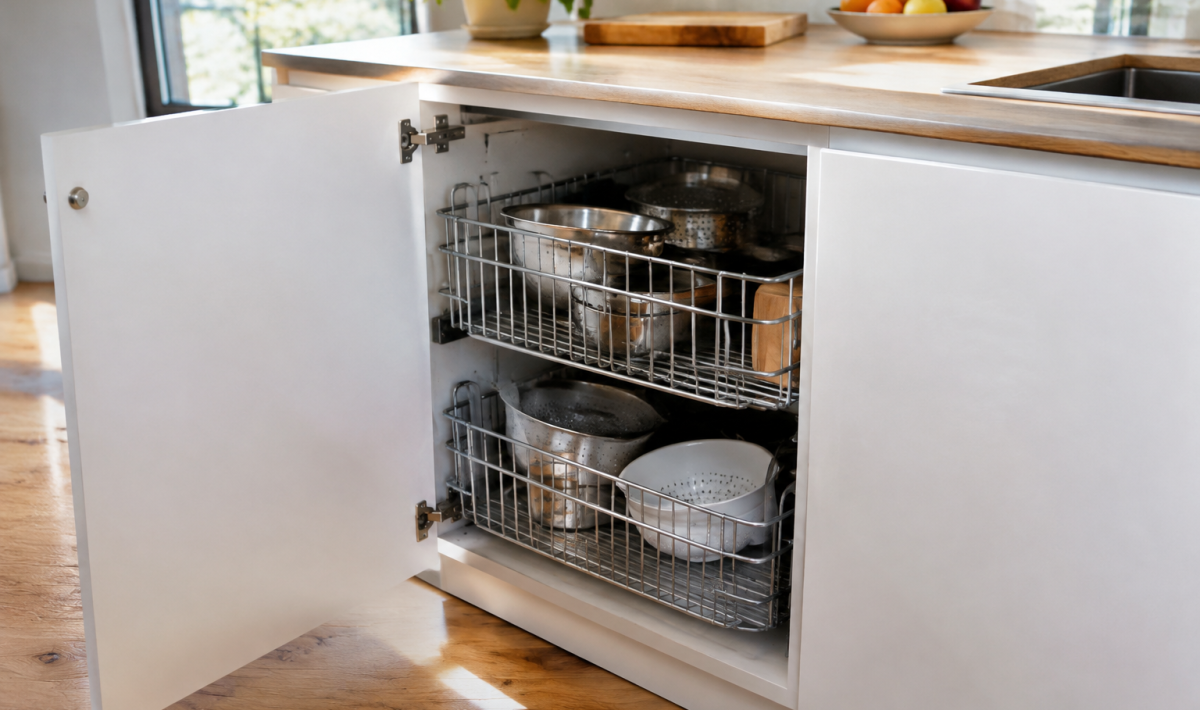 Porte ouverte sur paniers inox dans cuisine lumineuse
