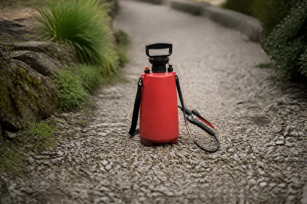 Pulverisateur rouge pose sur une allee de gravier