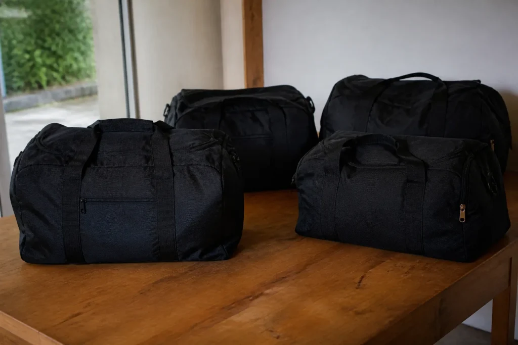 Quatre sacs de voyage noirs sur table bois