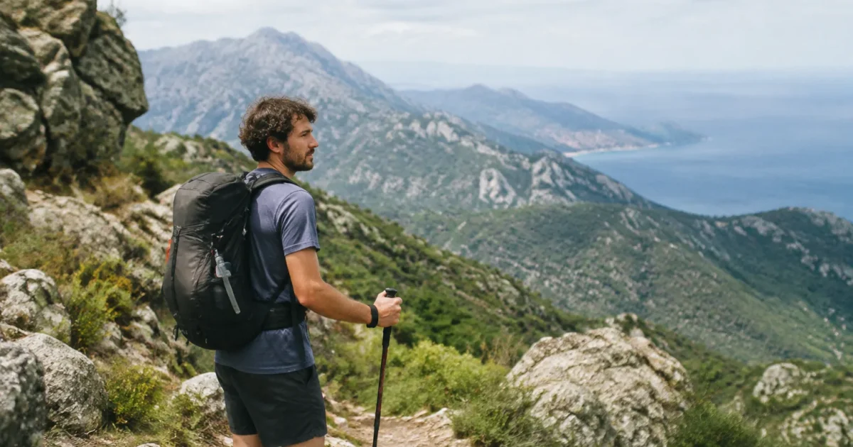 Randonneur debout sur un sentier de montagne corse