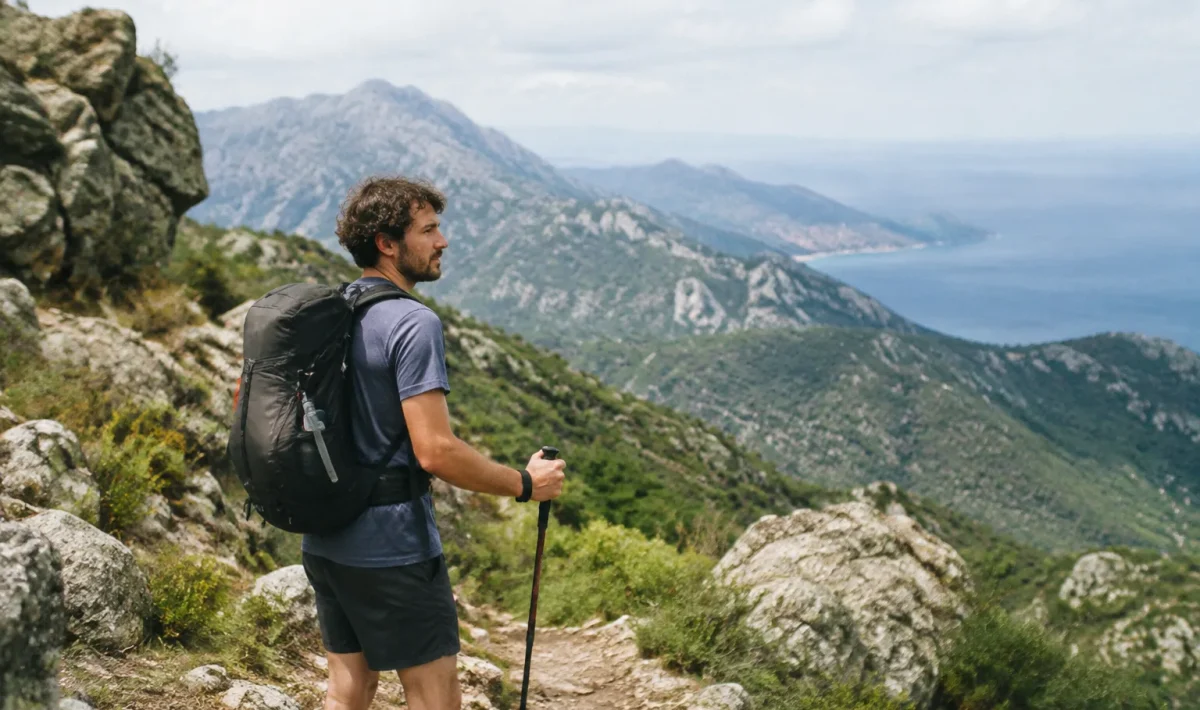 Randonneur debout sur un sentier de montagne corse