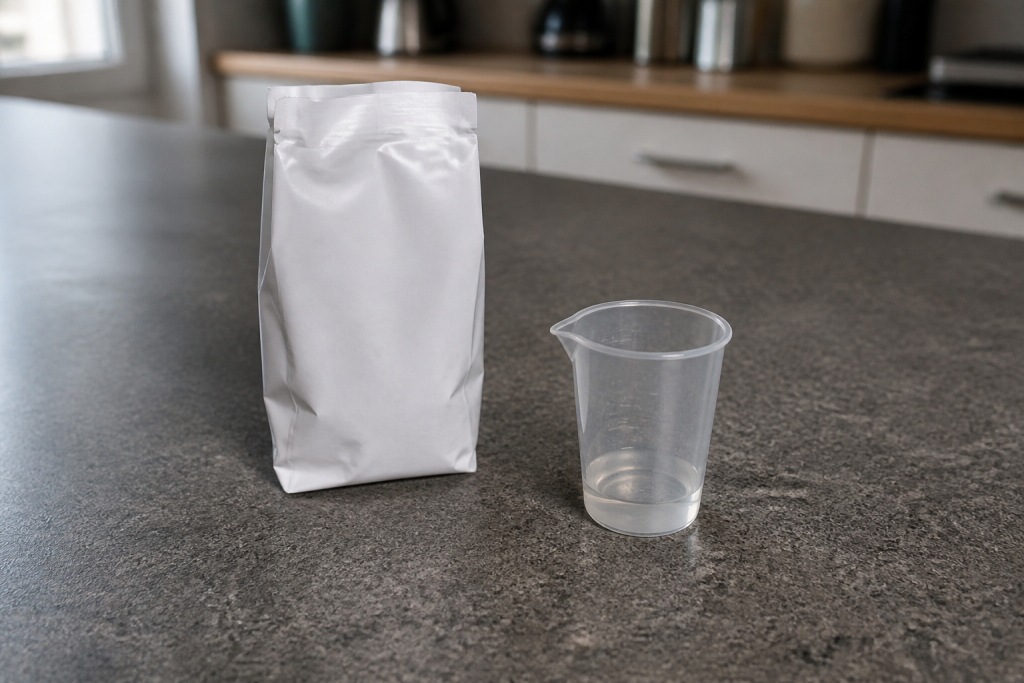 Sachet blanc et verre doseur sur plan de travail
