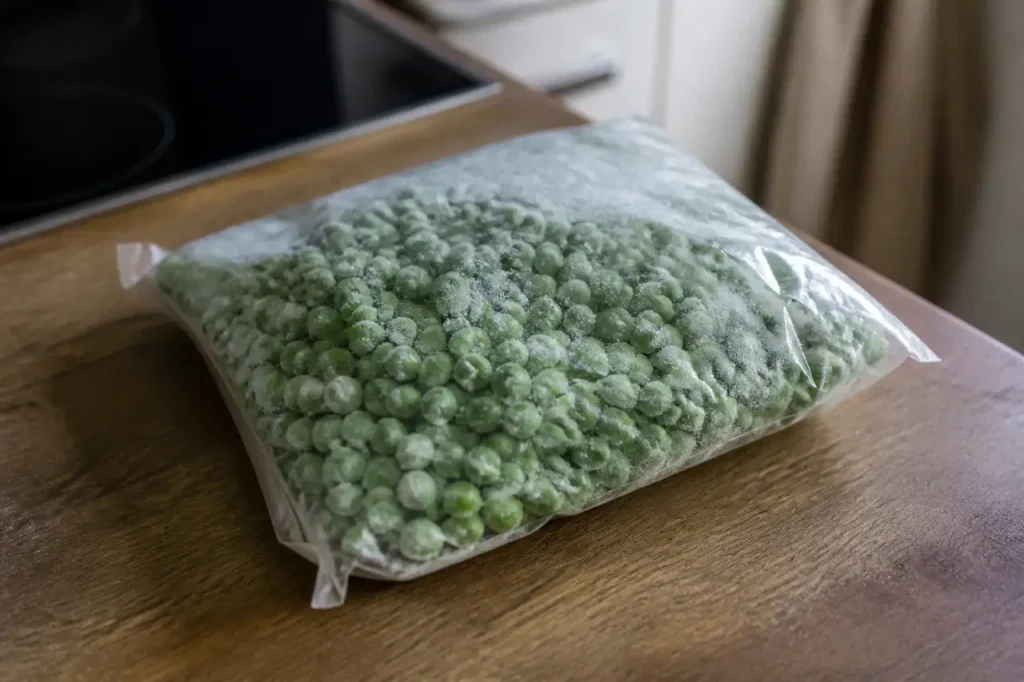 Sachet de petits pois givres sur plan de travail