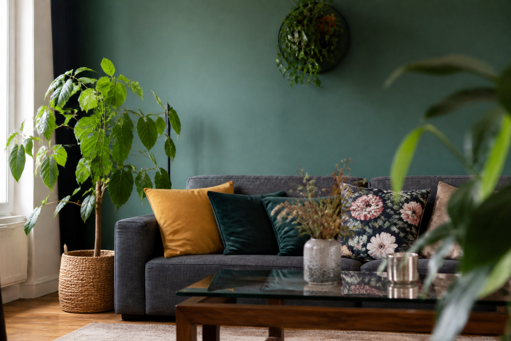 Salon lumineux avec mur peint, coussins et plantes vertes