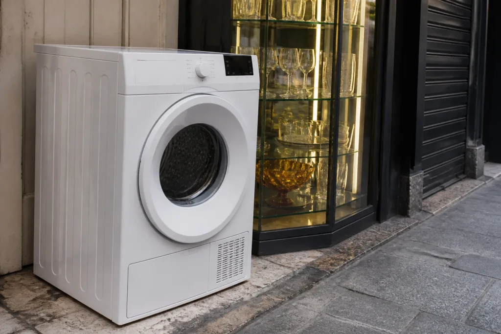Seche-linge Beko blanc pose pres dune vitrine lumineuse