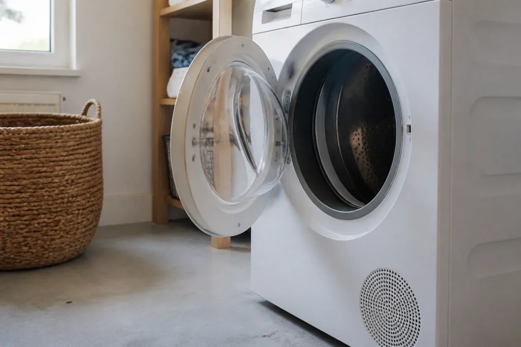 Seche-linge blanc avec hublot ouvert dans buanderie lumineuse