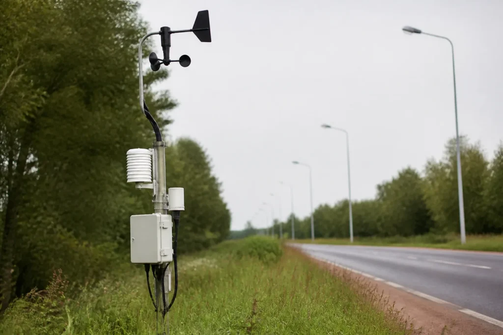 Station meteo avec anemometre au bord d une route