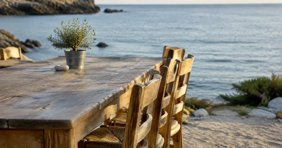 Table en bois en bord de mer, chaises alignees