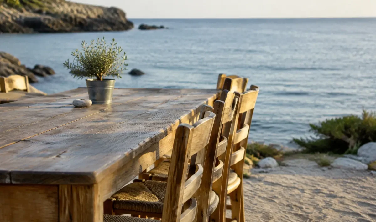 Table en bois en bord de mer, chaises alignees
