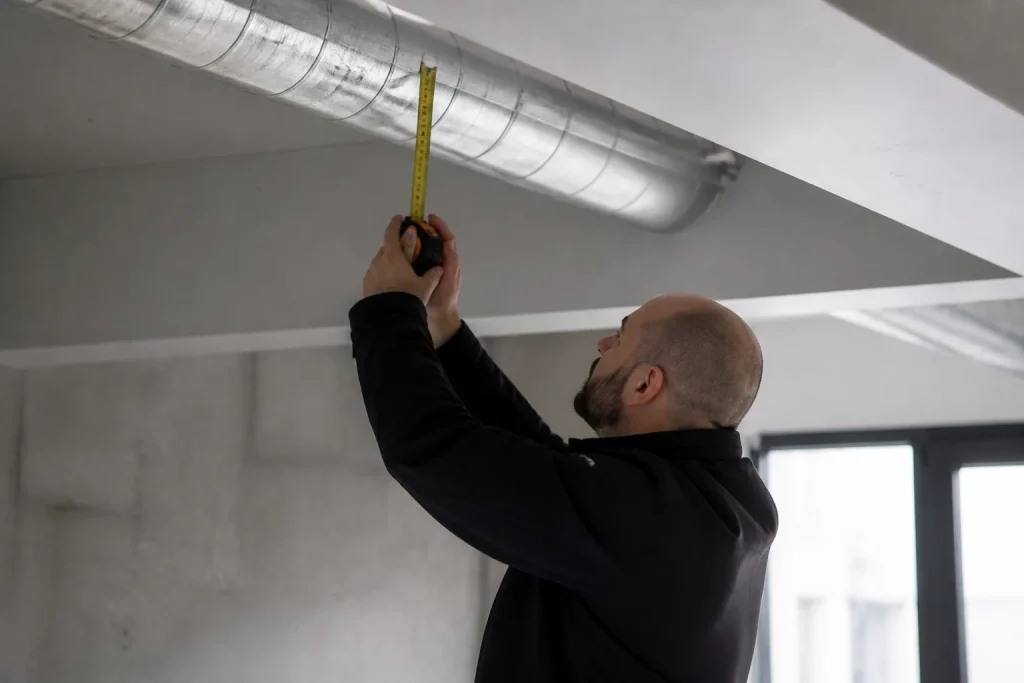 Technicien mesure un conduit de ventilation au plafond