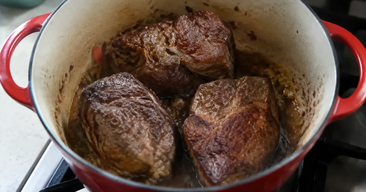 Trois gros morceaux bruns au centre de la cocotte
