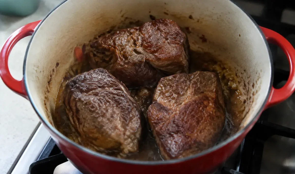 Trois gros morceaux bruns au centre de la cocotte