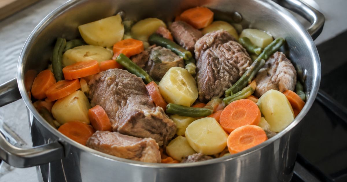 Viande et legumes disposes dans une marmite inox ouverte