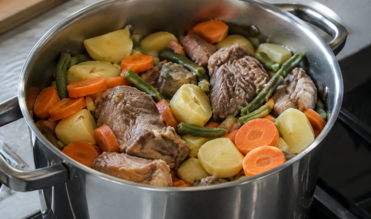 Viande et legumes disposes dans une marmite inox ouverte