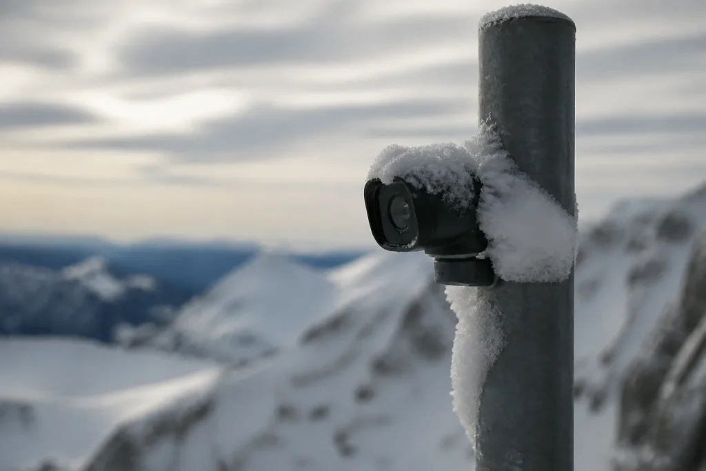 Webcam fixée sur un poteau enneigé en montagne